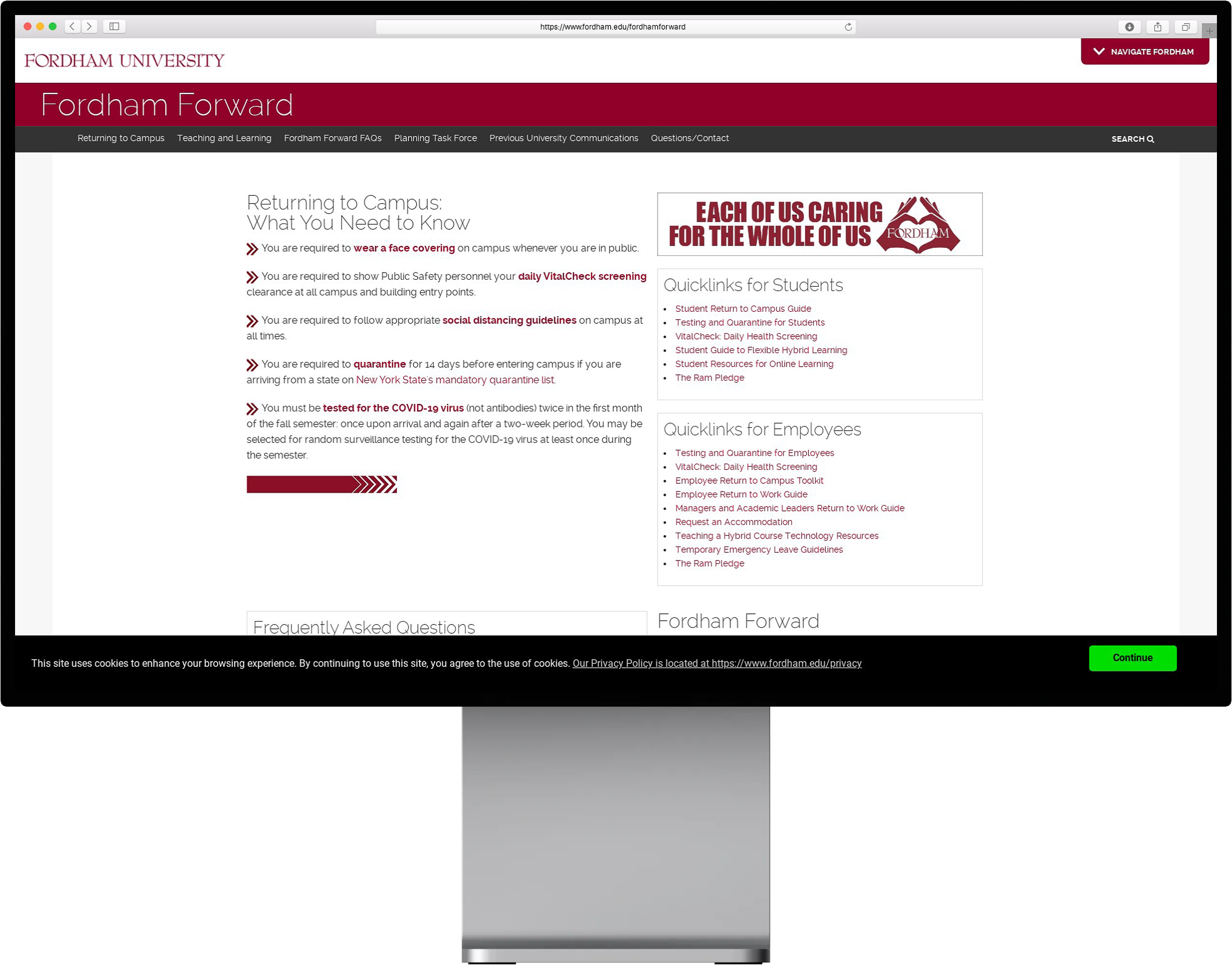 screenshot of return to campus on fordhams website